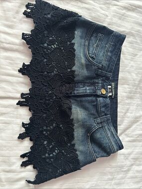 Vintage Y2K Dolce & Gabbana Dark Blue Denim Mini Skirt with Black Lace Trim